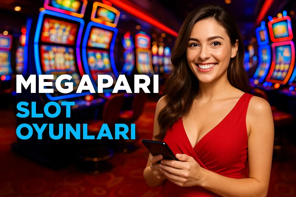 Megapari slot makineleri, jackpot yazısı, 7 sembolleri ve renkli taşlarla casino görseli